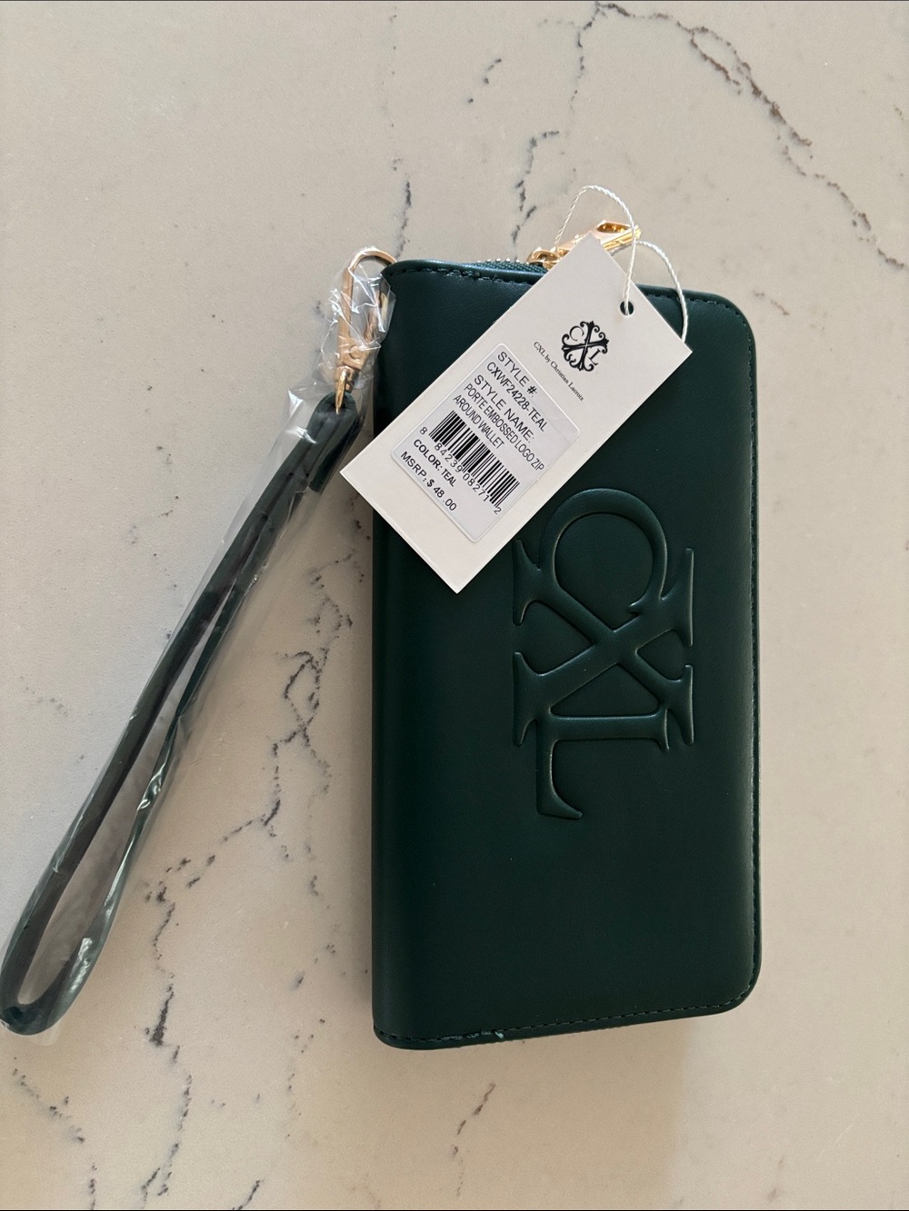 Christian Lacroix Teal Zip-Around Wallet with Gold Hardware